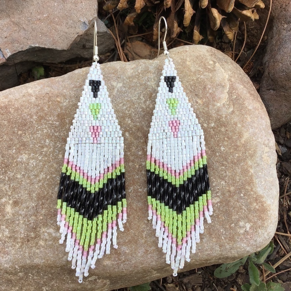 Lime Green And Pink Triangle Beaded Earrings With Fringe, Handmade